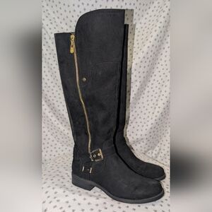 Size 7.5 Black G By Guess Suede Boots Gold Accents Zippers Great Condition